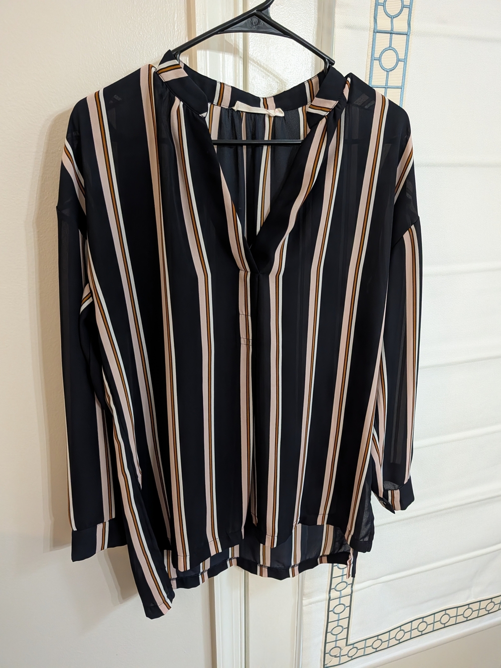Lush Black Striped V-Neck Blouse with Tan & Cream Accents